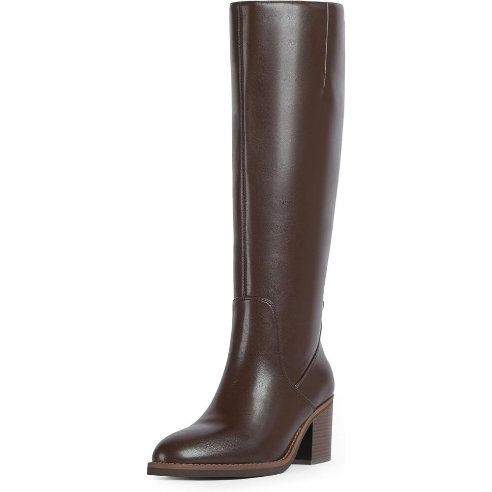 Women's Chocolate Pu Chunky Heel Rounded Toe Tall Knee High Heel Fall Long Boots